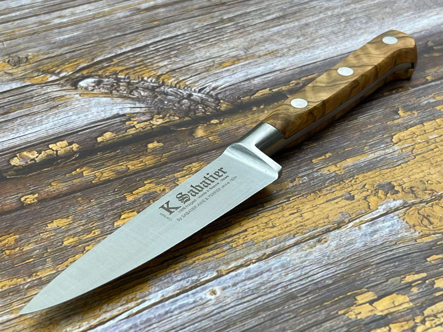 K Sabatier Paring Knife 100mm - HIGH CARBON STEEL - OLIVE WOOD HANDLE
