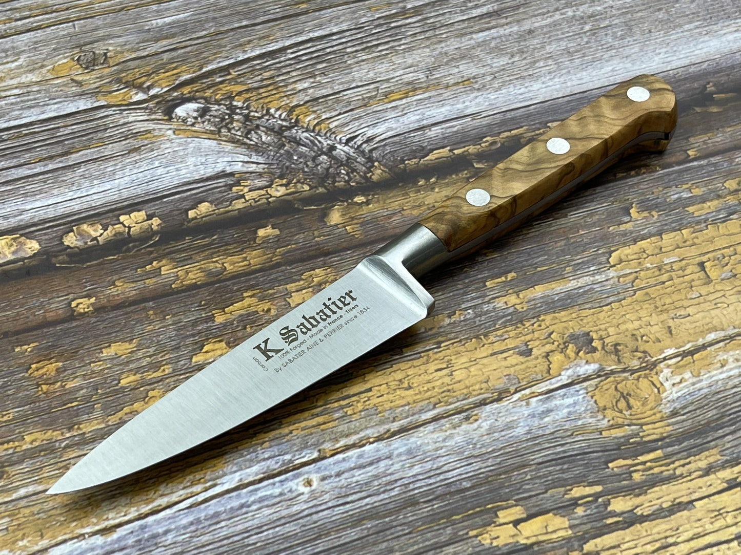K Sabatier Paring Knife 100mm - CARBON STEEL - OLIVE WOOD HANDLE