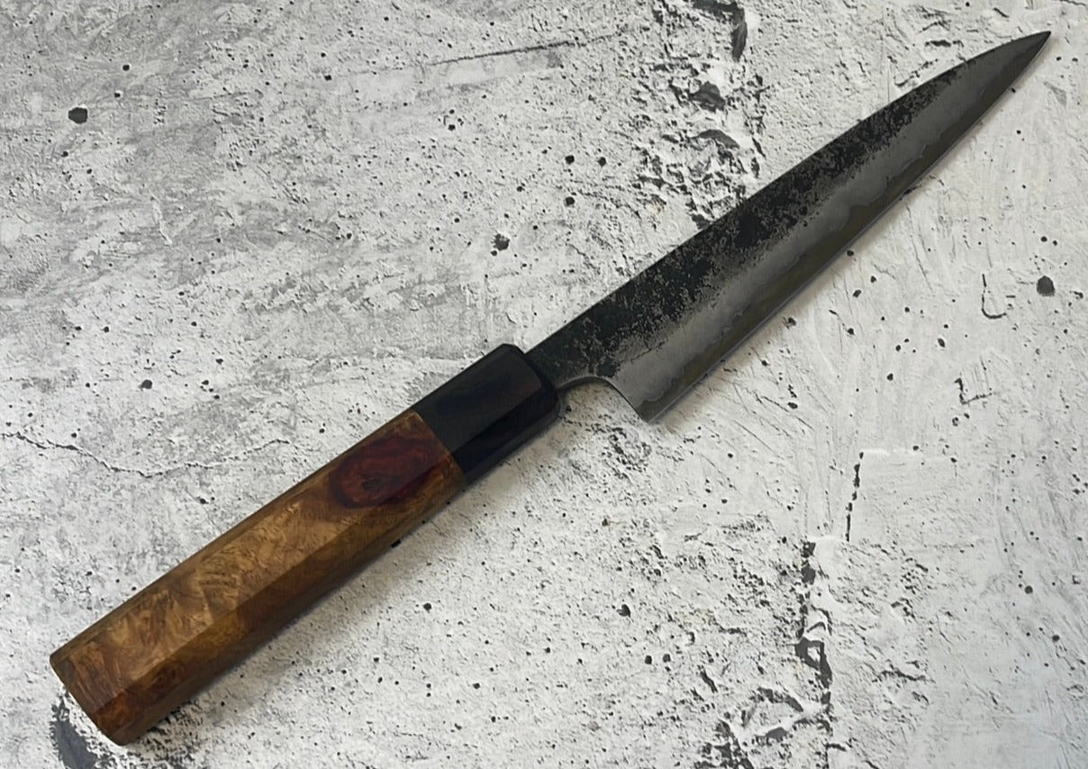 SanMai Petty 150mm Kurouchi Etched, Amboyna Burl & Rosewood Handle