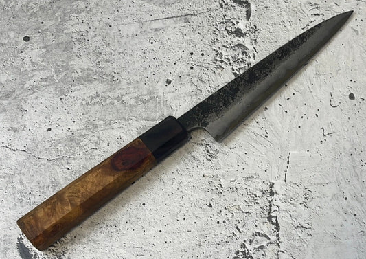 SanMai Petty 150mm Kurouchi Etched, Amboyna Burl & Rosewood Handle