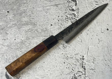 Load image into Gallery viewer, SanMai Petty 150mm Kurouchi Etched, Amboyna Burl &amp; Rosewood Handle by Kitchen Knives ID